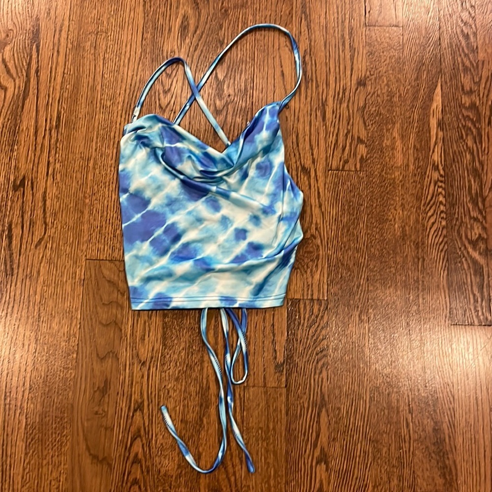 SHEIN blue tie dye crop top lace-up back drape neck size small